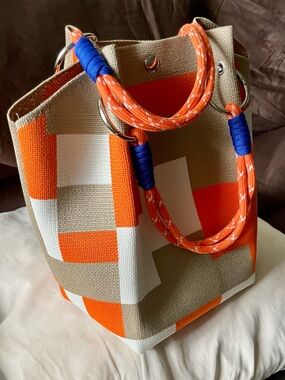 Canvas Tote Bag in Orange, White & Tan